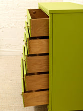 Load image into Gallery viewer, Vintage Chartreuse Highboy Dresser with Ornate Brass Rosette Pulls
