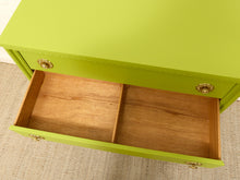 Load image into Gallery viewer, Vintage Chartreuse Highboy Dresser with Ornate Brass Rosette Pulls
