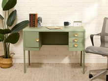 Load image into Gallery viewer, Vintage Deco Sage Green Writing Desk with Round Brass Pulls
