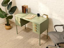 Load image into Gallery viewer, Vintage Deco Sage Green Writing Desk with Round Brass Pulls
