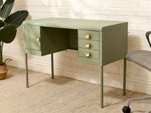 Load image into Gallery viewer, Vintage Deco Sage Green Writing Desk with Round Brass Pulls
