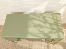 Load image into Gallery viewer, Vintage Deco Sage Green Writing Desk with Round Brass Pulls
