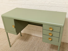 Load image into Gallery viewer, Vintage Deco Sage Green Writing Desk with Round Brass Pulls
