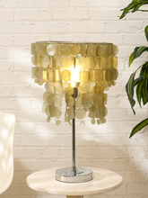 Load image into Gallery viewer, Verner Panton style table lamp with cascading translucent capiz shell discs, circular frame, and chrome base.

Era:  70s Style

Style:  Verner Panton Style · Space Age · 1970s Style · Sculptural

Designer/Maker:  Verner Panton Style / Designer Unknown
