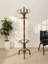 Load image into Gallery viewer, Vintage bentwood hall tree coat rack with curved wood hooks, turned center post, and circular umbrella stand at the base.
Era-  Mid to Late 20th Century
Style-  Bentwood · European · Traditional Modern · Eclectic
