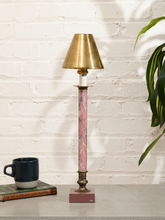 Load image into Gallery viewer, Vintage postmodern table lamp with pink marbled column, square pink base, brass accents, and sculptural brass-tone shade. 1980s
Style- Postmodern, 1980s, Glam, Sculptural
