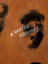 Load image into Gallery viewer, A close-up of a wooden surface with a painted black portrait and white handwritten text reading 'R. BARBER G. HUGHES'.

