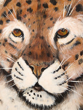 Load image into Gallery viewer, Close-up painted portrait of a snow leopard or similar big cat face, with orange-brown fur, black spots, white muzzle and whiskers, and amber eyes.
