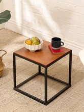 Load image into Gallery viewer, Square side table with warm wood top and slim black metal cube frame.
