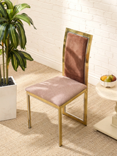 Load image into Gallery viewer, A modern dining chair with a blush pink velvet seat cushion and a brown velvet backrest, framed in polished gold metal, set in a bright room with a white brick wall, a potted plant, and a side table.
