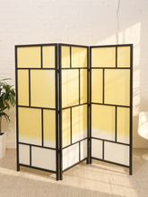 Load image into Gallery viewer, Vintage Japanese-inspired room divider panel with dark wood geometric frame and translucent amber and white rectangular panels.
