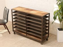 Load image into Gallery viewer, Vintage industrial rolling rack with multiple open metal shelves, warm wood top, dark frame, and caster wheels.
