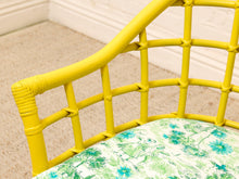 Load image into Gallery viewer, Image 14 of 20: Set of four vintage bright yellow rattan barrel chairs with floral cushions, alternate view 9
