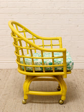 Load image into Gallery viewer, Image 10 of 20: Set of four vintage bright yellow rattan barrel chairs with floral cushions, alternate view 5
