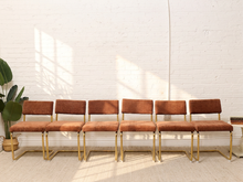Load image into Gallery viewer, Six matching dining chairs with rust-brown velvet upholstery and gold metal legs, arranged in a row against a white brick wall with sunlight casting shadows.
