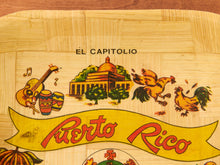 Load image into Gallery viewer, A close-up of a light wood cutting board featuring a colorful Puerto Rico graphic with the text 'EL CAPITOLIO' and 'Puerto Rico' on a yellow banner.
