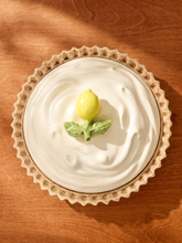 Load image into Gallery viewer, Vintage ceramic covered dish shaped like a lemon meringue pie with cream sculpted topping, yellow lemon finial and fluted crust edge.
