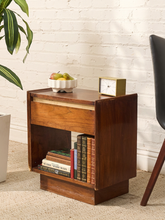 Load image into Gallery viewer, Rustic distressed mid-century wood nightstand with open storage compartment and visible vintage wear
