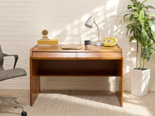 Load image into Gallery viewer, Vintage mid-century modern wood writing desk with two drawers, warm finish, rectangular top, and panel sides
