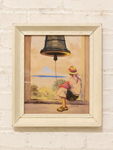 Load image into Gallery viewer, Framed folk art bell tower scene with a seated figure beneath a large suspended bell and distant mountain landscape.
