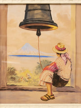 Load image into Gallery viewer, A framed painting depicting a seated woman seen from behind, pulling a large hanging bell in a courtyard. Beyond the window is a scenic view of a snow-capped mountain over water.
