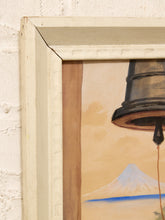Load image into Gallery viewer, Close-up of a framed artwork showing part of a painted bell, a white mountain, and a blue horizon against a warm beige sky, set against a white brick wall.

