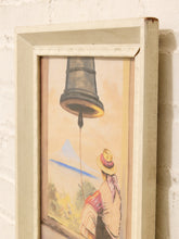 Load image into Gallery viewer, A framed art print featuring a whimsical illustration of a figure in a straw hat looking at a distant mountain under a large hanging bell, set in a distressed off-white frame against a white brick wall.
