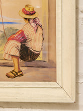 Load image into Gallery viewer, A framed painting showing a seated woman from behind, wearing a straw hat with a red band, a striped blouse, and sandals, set against a warm-toned background. The artwork is housed in a thick, off-white wooden frame mounted on a white brick wall.

