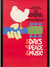 Load image into Gallery viewer, A vintage-style poster or print with a bright red background, featuring a white dove, a blue and green guitar, and large text reading '3 DAYS OF PEACE &amp; MUSIC' plus 'Woodstock Music &amp; Art Fair presents An Aquarian Exposition in White Lake, N.Y.
