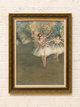 Load image into Gallery viewer, Vintage framed art print depicting two ballet dancers in pale tutus with an ornate gilt-tone frame
