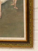 Load image into Gallery viewer, Close-up of a framed painting showing part of a figure's bare legs and feet against a muted green-gray background, with an ornate gold and dark brown frame mounted on a white brick wall.
