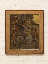 Load image into Gallery viewer, Vintage 1982 expressionist portrait painting of a traditionally adorned figure with elaborate headdress and layered jewelry in a burlap-lined wood frame.
