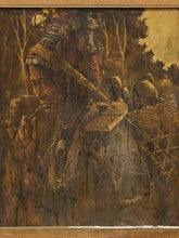 Load image into Gallery viewer, An oil painting depicting a profile portrait of an indigenous person wearing elaborate headgear and jewelry, set against a dark forest background. The painting is framed in a rustic, textured tan burlap or jute border.
