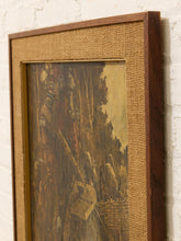 Load image into Gallery viewer, A framed vintage oil painting depicting a forest scene with figures, mounted on a white brick wall. The frame features a dark brown wood border and a textured tan linen mat.
