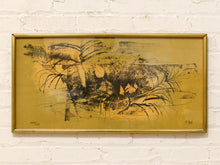 Load image into Gallery viewer, Vintage signed abstract botanical print with black gestural linework on a golden ochre background in a slim brass-tone frame
