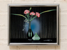 Load image into Gallery viewer, Vintage framed floral still life with red carnations in a tall black vase against a dark striped background
