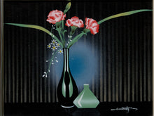 Load image into Gallery viewer, A still life painting featuring pink roses in a tall black vase with a smaller green vase beside it, set against a dark striped background.
