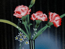 Load image into Gallery viewer, A stylized floral artwork showing three pink-and-white roses with green stems and leaves, small white daisy-like flowers, and a dark vase against a dark background.
