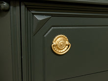 Load image into Gallery viewer, Antique Hunter Green Highboy Dresser with Ornate Carved Details
