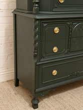 Load image into Gallery viewer, Antique Hunter Green Highboy Dresser with Ornate Carved Details
