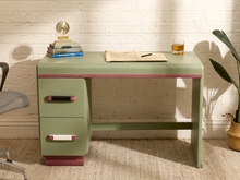 Load image into Gallery viewer, Vintage mint green writing desk with two left-side drawers, wood-tone trim, contrasting drawer pulls, and open knee space
