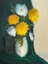 Load image into Gallery viewer, A still life painting of a bouquet of yellow and white dandelions in a white vase, set against a dark green draped fabric and a light beige background.
