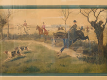 Load image into Gallery viewer, A vintage-style hunting scene artwork showing riders on horseback and hounds in an outdoor field, with a warm beige border around the print.
