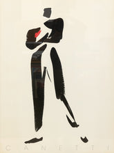 Load image into Gallery viewer, An abstract art print featuring a stylized black silhouette of a man in a suit with a small red accent on the chest, set against a warm off-white background with the name 'CANETTI' printed at the bottom.
