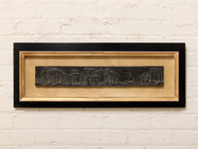 Load image into Gallery viewer, Tall framed black bas-relief panel with classical architecture, figures, columns, and sculptural details on a warm neutral ground
