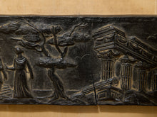 Load image into Gallery viewer, An ancient-style relief sculpture panel depicting a classical scene with a building, tree, and figures, shown against a tan background.
