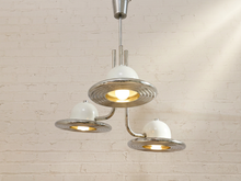 Load image into Gallery viewer, Vintage 1970s Italian three-light chandelier with white dome shades, circular chrome surrounds, curved arms, and central chrome stem
