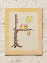 Load image into Gallery viewer, Vintage whimsical illustration of three owls perched on a tree branch beneath a yellow sun with neutral matting
