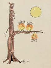 Load image into Gallery viewer, A whimsical line drawing on a cream background showing a tall brown tree trunk with two small orange-and-white owls perched on a branch, plus a yellow sun and one owl hanging below.
