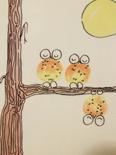 Load image into Gallery viewer, A whimsical illustration of two small round creatures with large eyes perched on a tree branch, with one reflected below in the water. A yellow sun shines in the upper right on a light cream background.
